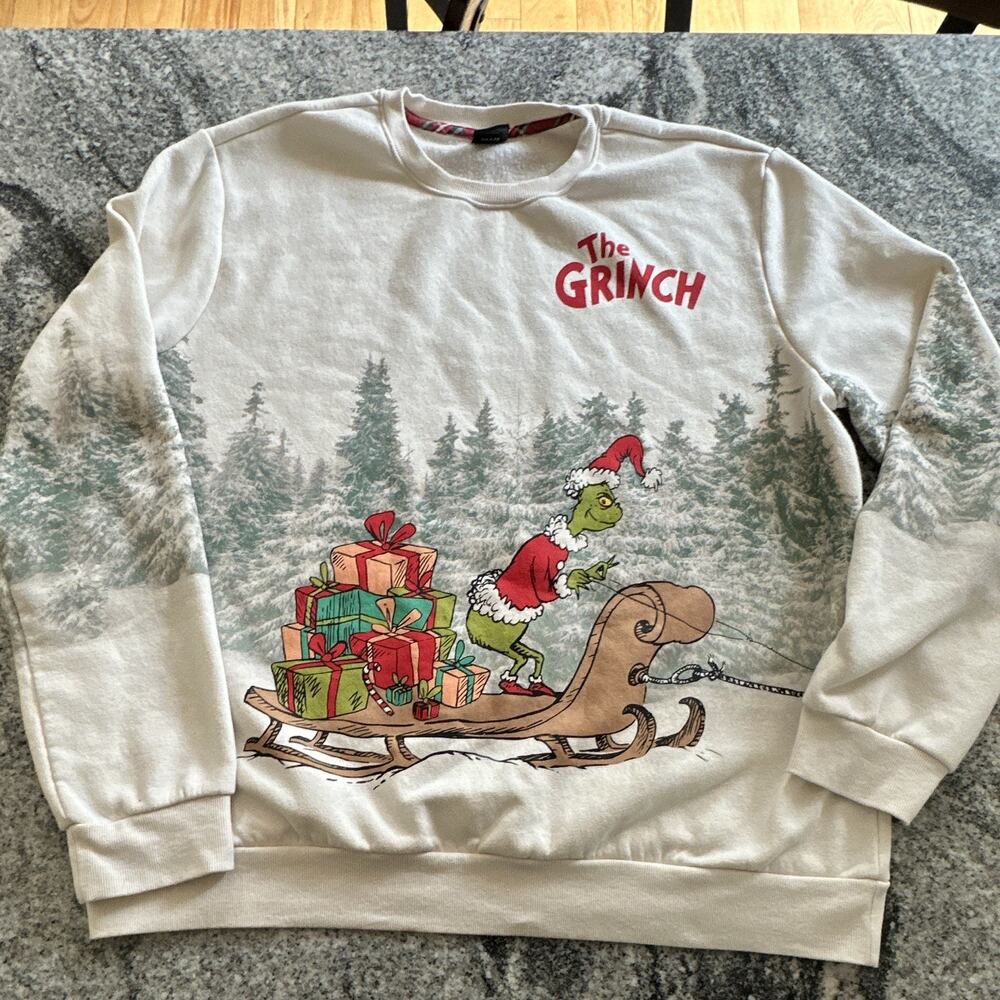 The Grinch Dr. Seuss Christmas Graphic Print Crewneck Sweatshirt White Men's XXL